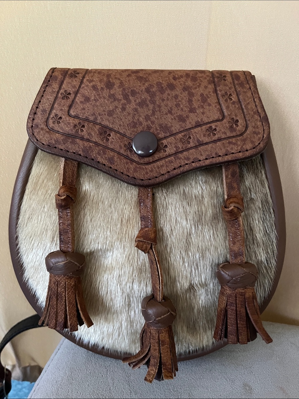Unique Vintage Brown Haircalf Leather Tassel Crossbody Bag